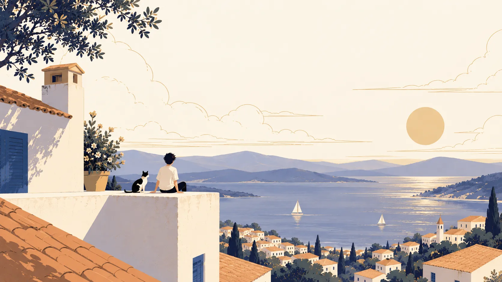 A person and a cat sit on a whitewashed rooftop at sunset, looking over a calm bay and a hillside town.